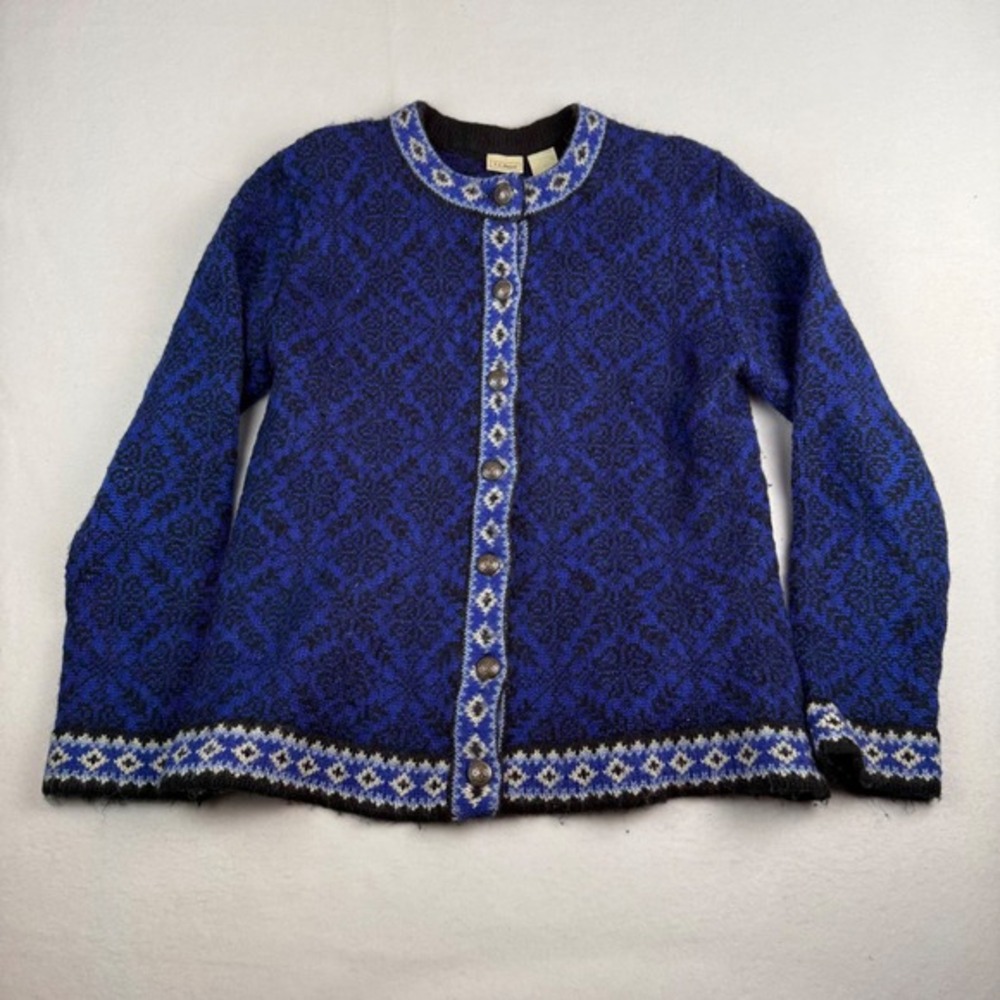 LL Bean Women Blue Merino Wool Fair Isle‎ Nordic Cardigan Sweater Med Reg 0UF39